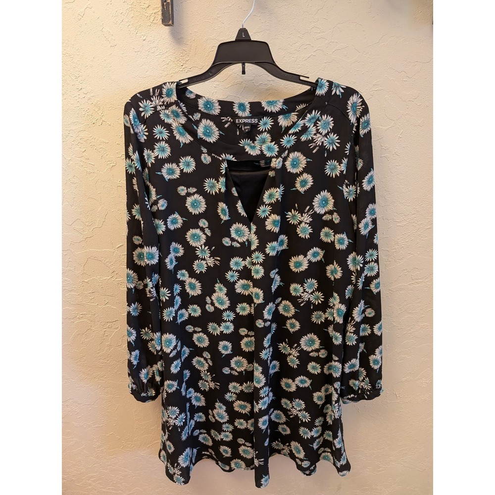 Express Floral Print Long Sleeve Mini Dress‎ V Neck Black Teal White